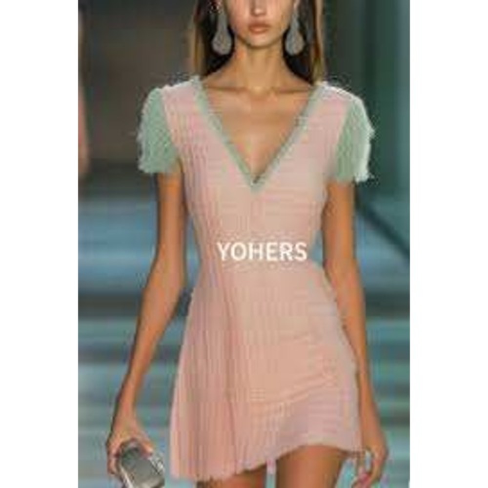 YOHERS Knit Dress Small Pink Fuzzy V-Neck Feather Fringe Mini Coquette Soft Girl
